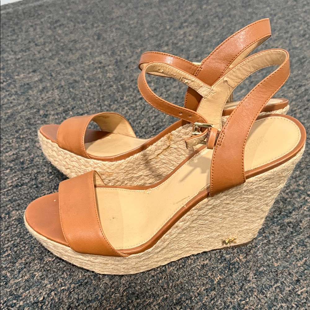 Michael Kors Cognac Leather Espadrille Wedge Sandals